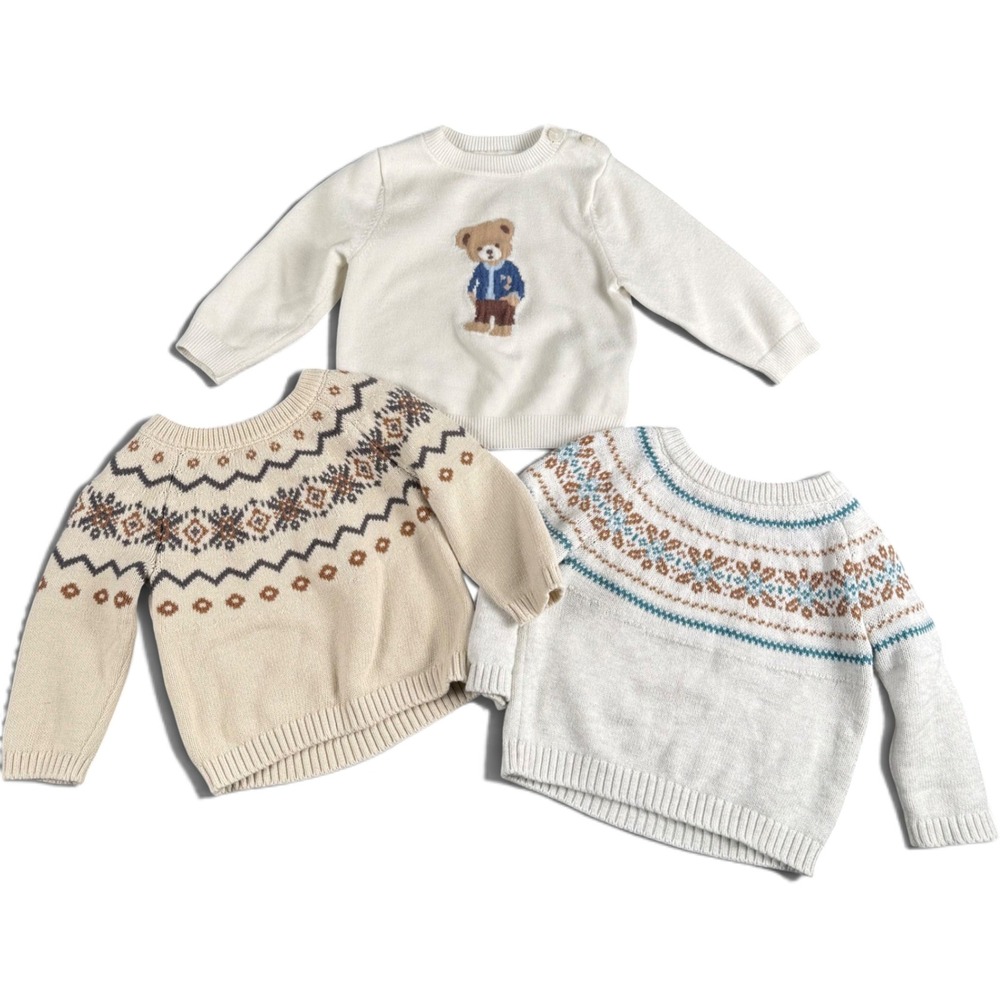 Carter's Shein Baby Boy Sweater Lot 3pc 9-12M Bear Fair Isle Knit White Cream